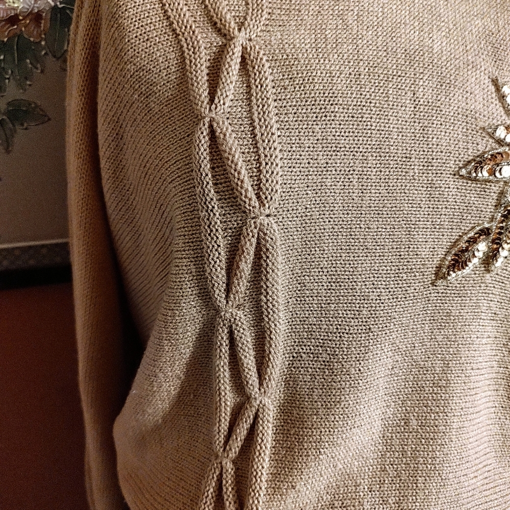 🔸🤎🔸Amazing Vtg 80's Mocha Caramel Tan Dolman Cable Knit Sequin Sweater - M/L - Picture 6 of 15